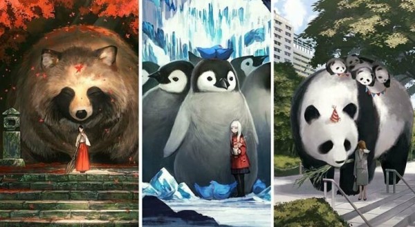 Японская художница Monokubo и ее позитивные миры с животными-гигантами Японская художница Monokubo и ее позитивные миры с животными-гигантами
