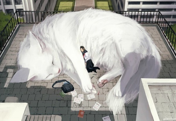 Японская художница Monokubo и ее позитивные миры с животными-гигантами Японская художница Monokubo и ее позитивные миры с животными-гигантами